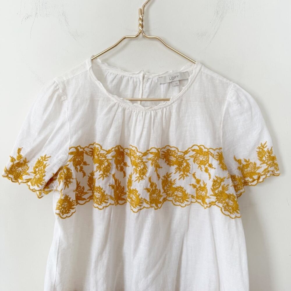 Loft Golden Floral Embroidered Linen Cotton Scalloped Boho Blouse L - Picture 4 of 8